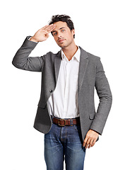 Image showing Portrait, salute and business man in studio with hand gesture for hello, respect or honor on white background. Palm, face and male entrepreneur with finger emoji for greeting, hi or attention wave