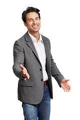 Image showing Happy, portrait and business man with handshake offer in studio for welcome or hello on white background. Face, thank you and male entrepreneur smile with shaking hands emoji, support or pov b2b deal