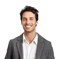 Image showing Happy, portrait or business man in studio with positive mindset, attitude or good mood on white background. Face, smile or male lawyer cheerful for new job, first day or career choice at a law firm