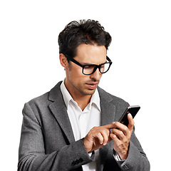 Image showing Phone, search and serious businessman in studio reading social media chat on white background. Smartphone, app or male manager online for texting, contact or web communication, faq or crm management