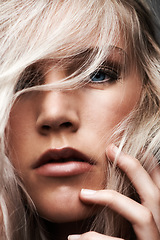 Image showing Portrait, woman and beauty in studio by haircare, make up and cosmetics by confident in foundation. Model, face and pride in glow in relax wellness and blonde hair by conditioner results as color