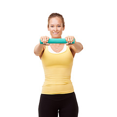 Image showing Happy woman, portrait and grip for resistance or arm exercise isolated against a white studio background. Young female person, athlete and band or tube in workout, training or fitness on mockup space