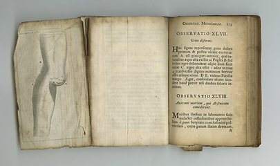 Image showing Antique medical page, information and library stamp for authorized research on medicine study, knowledge or pathology. Latin language, wisdom or parchment paper for healthcare education literature