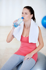 Image showing Ball, portrait or woman drinking water on break after exercise, workout or fitness training in gym. Fatigue, tired lady or thirsty sports athlete with liquid bottle for wellness, rest or hydration