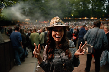 Image showing Happy woman, portrait and peace sign at music festival for party, event or DJ concert in nature. Excited female person smile in night crowd or audience at carnival, performance or summer fest outside