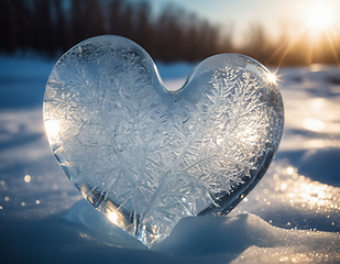 Image showing Beautiful ice heart covered with frost pattern and illuminated b