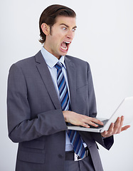Image showing Face, businessman and scream with laptop in studio for glitch mock up on white background. German person, consultant or corporate with technology for error, 404 or mistake on website, internet or app