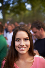 Image showing Smile, music and festival with portrait of woman in crowd for celebration, party and energy. Holiday, new years concert and rock event with person in countryside for social, rave club or summer disco