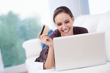 Image showing Woman, laptop and credit card on sofa for online shopping, fintech payment and upgrade membership account at home. Happy lady, computer and password for banking, ecommerce sales and financial savings