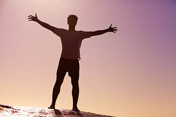 Image showing Man, horizon and freedom in sky with hiking in nature for adventure and fitness, mockup space and travel. View with trekking, journey and hiker outdoor with sunset color and exercise on mountain