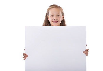 Image showing Poster, portrait and kid advertising mockup, broadcast space and commercial presentation in studio on white background. Happy girl, kid and sign board for feedback, offer and information coming soon