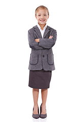 Image showing Professional, child and pride in studio portrait, pretend employee and playing fantasy game. Female person, full body and confidence in career on white background, entrepreneur and smile for startup