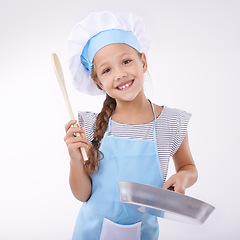 Image showing Kid, chef and portrait with cooking utensils, happy and child development on white background. Culinary skills, learn to cook, food and childhood growth with confidence in hospitality industry