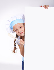 Image showing Child, portrait and chef board space for cooking recipe information, ingredients or instructions. Girl, baker and white background or placard mockup for kitchen review or bakery cake, studio or spoon