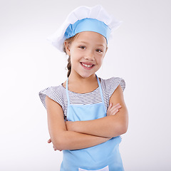 Image showing Kid, chef and portrait with arms crossed, confident and child development on white background. Culinary skills, happy and ready to cook food and childhood growth with face in hospitality industry