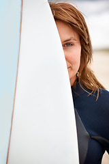 Image showing Surfboard, portrait or female surfer at sea for fitness training, workout or sports exercise in Hawaii. Healthy, athlete or woman ready for surfing on fun holiday vacation at beach, ocean or nature