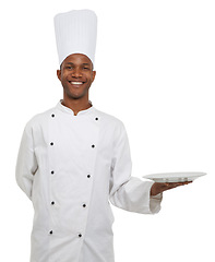 Image showing Portrait, happy chef and empty plate presentation in studio isolated on white background mockup space. Smile, cooking and African man show dish in catering service, professional advertising or menu