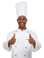 Image showing Man, chef and portrait with thumbs up, confident and professional guy on white studio background. African person, culinary expert and mockup space with career, food industry and employee uniform