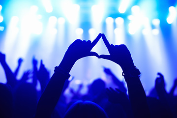 Image showing Nightclub, concert and audience with hands or sign for music, party and rave festival with spotlight and dancing. Disco, rock event and performance with entertainment, crowd and rear view gesture