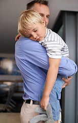 Image showing Father, child and sleeping with hug in home with bonding, trust and support in living room of house. Family, man and parent or boy child with rest, dreaming and tired or relax in lounge of apartment