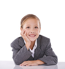 Image showing Child, thinking and business job in studio for future grownup goals for corporate, professional or white background. Female person, hand and thoughts for lawyer career dream, dress up or mockup space