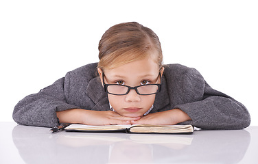 Image showing Professional, notebook and child in studio portrait, ideas and planning agenda or tasks. Serious female person, pretend employee and journal for strategy, schedule and diary on white background