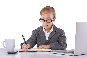 Image showing Business professional, notebook and child planning in studio, ideas and agenda for company. Serious female person, pretend employee and journal for strategy, schedule and diary on white background