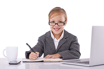 Image showing Business, notebook and child planning in portrait, ideas and planning agenda in studio. Happy female professional, pretend employee and journal for strategy, information and diary on white background