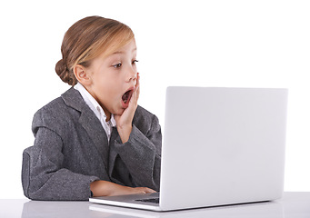 Image showing Business, child and shock for information on laptop in studio, announcement and omg on white background. Female person, girl pretend and playing fantasy game with tech, surprise and discount or promo