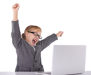 Image showing Business, child and celebrate online win on laptop in studio, promotion and fist pump for achievement. Female person, bonus and pretend play on white background, prize and investment in fantasy game