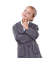 Image showing Business professional, child and thinking on ideas in studio, question and contemplating solution or plan. Female person, pretend employee and playing game on white background, opportunity and wonder