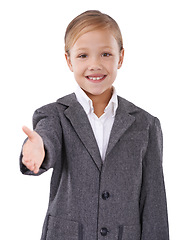 Image showing Business, portrait and child handshake in studio, interview and pretend hr manager. Female person, onboarding and welcome on white background, introduction opportunity and thank you for hiring