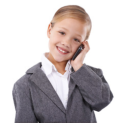 Image showing Business, phone call and child in studio portrait, networking and communication on white background. Female person, pretend professional and playing, consulting and connection on smartphone for news