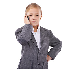 Image showing Business, child and phone call in studio with anger, feedback and connection problem or sales deal failure. Little girl, cross and smartphone to pretend as boss and bad service by white background