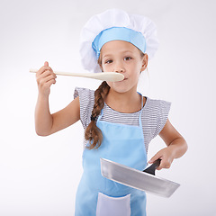 Image showing Kid, chef and portrait for tasting food, confident and child development on white background. Culinary skills, happy or ready to cooking or childhood growth with confidence in hospitality industry