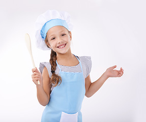 Image showing Kid, chef and portrait with spatula, happy and child development on white background. Culinary skills, young and learn to cook food and childhood growth with confidence in hospitality industry