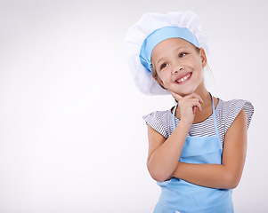 Image showing Child, chef and thinking of food idea and menu for recipe development on white studio background. Culinary skills, young and ready to cook and mockup space with confidence in hospitality industry