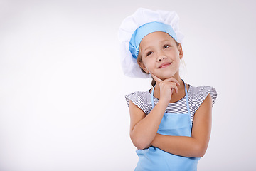 Image showing Kid, chef and thinking of food, idea and menu for child development on white background. Culinary skills, young and ready to cook and childhood growth with mockup for hospitality industry future