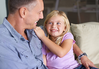 Image showing Father, girl and embrace for bonding with love and happy childhood by single parent at home. Daughter, daddy and together in hug, family and support or security and enjoying connection and care