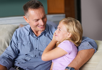 Image showing Father, girl and hug for bonding, happiness and love in childhood by single parent at home. Daughter, daddy and together in embrace, trust and support or security and enjoying connection and care