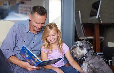 Image showing Father, child and reading book for learning at home, story and fantasy fiction for education. Daddy, daughter and dog bonding together, literacy and storytelling for language development or growth