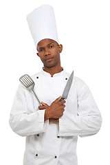 Image showing Man, chef and portrait with spatula knife in studio isolated on white background. Face, cooking professional or kitchen turner, metal or blade of serious African restaurant worker in catering service