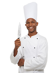 Image showing Chef, knife and portrait of happy black man in studio isolated on white background. Face, cooking professional and kitchen blade, metal or utensil for African restaurant worker in catering service