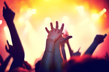 Image showing Nightclub, concert and audience with hands or lights for music, party and rave festival with couple and love. Disco, psychedelic event and performance with entertainment, crowd and rear view gesture