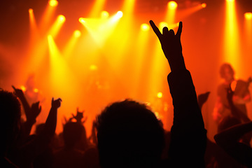 Image showing Nightclub, concert and audience with rock or sign for music, band and rave festival with silhouette, dancing or show. Disco, live event and performance with entertainment, crowd and rear view gesture