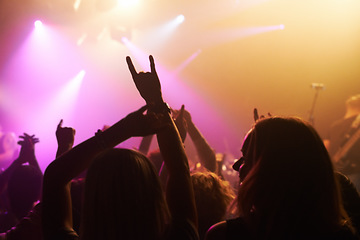 Image showing Club, concert and audience with rock or sign for music, band and rave festival with spotlight, dancing or women. Disco, live event and performance with entertainment, crowd and rear view gesture