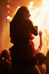 Image showing Concert, woman and friends at festival with piggyback for party, nightclub and dancing with spotlight and lights. Disco, psychedelic event and performance with entertainment, crowd and rear view