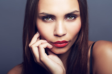 Image showing Makeup, portrait and woman in studio with confidence, pride and cosmetics on grey background. Glowing skin, beauty and female wellness model face with treatment, shine or red lipstick satisfaction