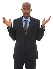 Image showing Black man, portrait and hands out for business, question or puzzled on a white studio background. Confused African businessman or clueless employee in decision, choice or unsure in formal fashion