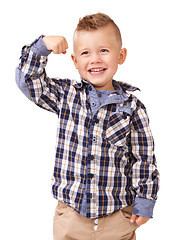 Image showing Happy boy, flex and fashion with hair style and checkered shirt standing isolated on a white studio background. Face of young little child, kid or male person smile showing muscle in casual clothing
